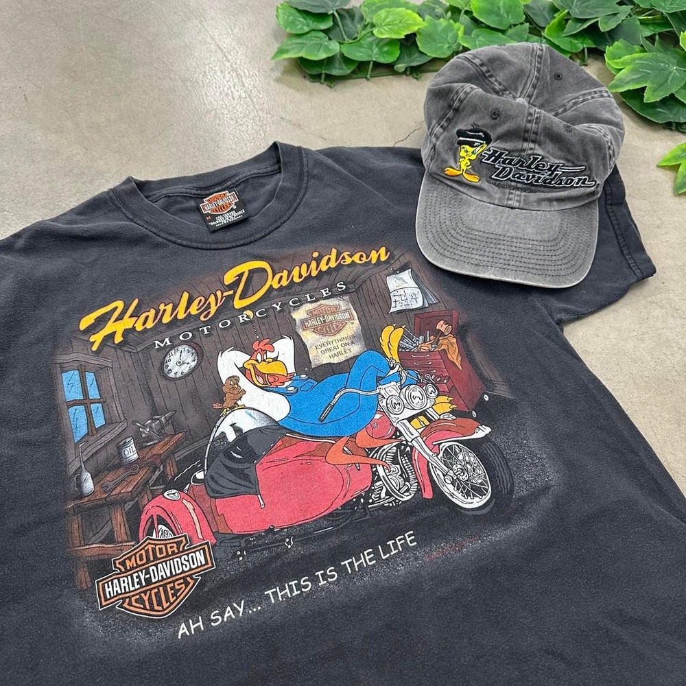 Vintage Harley-Davidson Looney Tunes Graphic Shirt & Tweety Bird Hat Set